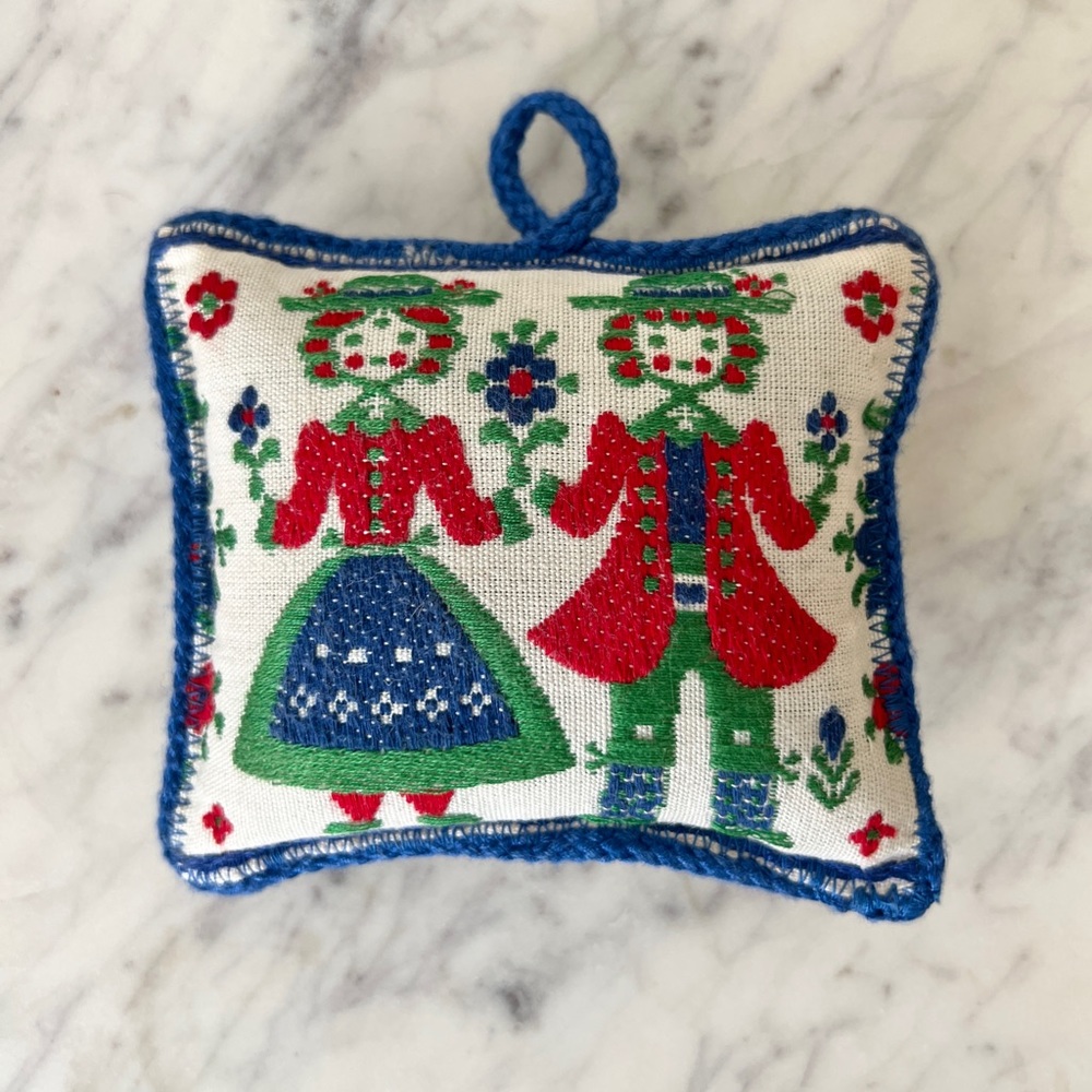 Vintage Scandinavian embroidered Christmas ornament red green folk art flowers